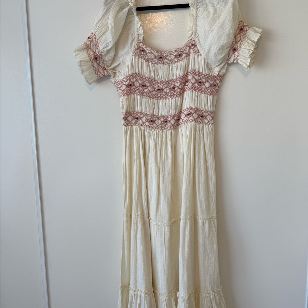 Ivy City Co Liesel Dress Size M | Embroidered Cream and Pink Midi Dress